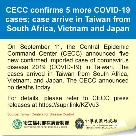 CECC confirms 5 more COVID-19 cases; case arrive in Taiwan from South Africa, Vietnam and Japan