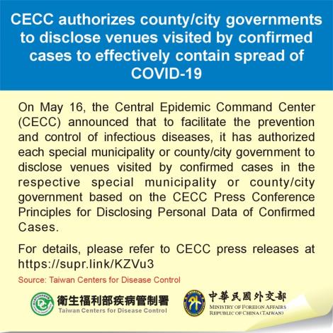 CECC authorizes county／city governments to disclose venues visited by confirmed cases to effectively contain spread of COVID-19