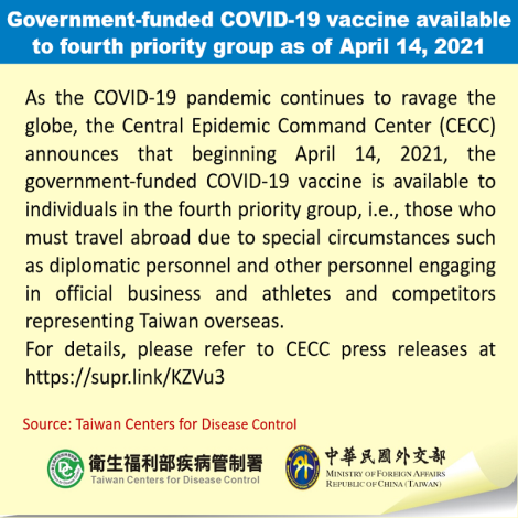 Government-funded COVID-19 vaccine available to fourth priority group as of April 14 2021