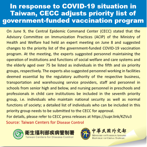 In response to COVID-19 situation in Taiwan, CECC adjusts priority list of government-funded vaccination program