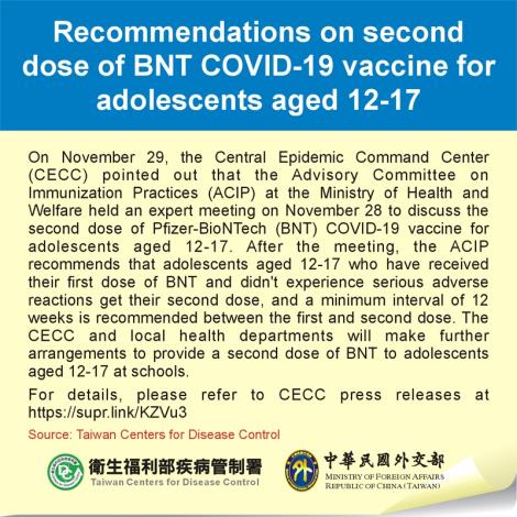 Recommendations on second dose of BNT COVID-19 vaccine for adolescents aged 12-17