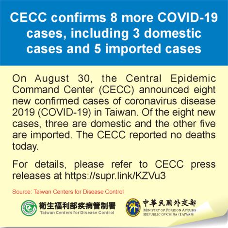 CECC confirms 8 more COVID-19 cases, including 3 domestic cases and 5 imported cases