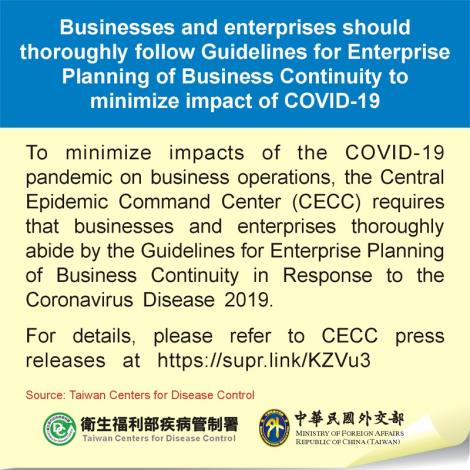 Businesses and enterprises should thoroughly follow Guidelines for Enterprise Planning of Business Continuity to minimize impact of COVID-19