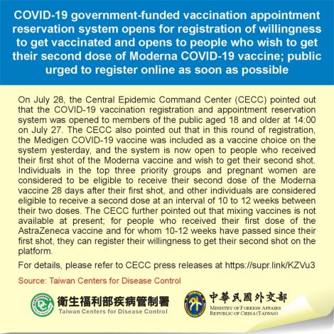 COVID-19 government-funded vaccination appointment reservation system opens for registration of willingness to get vaccinated and opens to people who wish to get their second dose of Moderna COVID-19 vaccine; public urged to 