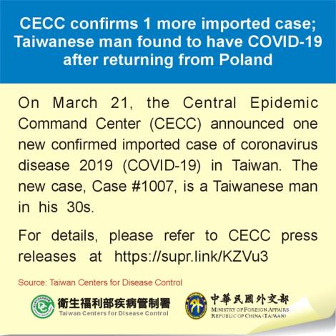 CECC confirms 1 more imported case; Taiwanese man found to have COVID-19 after returning from Poland