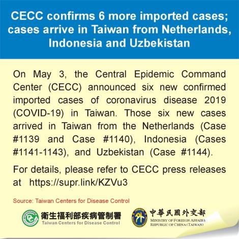 CECC confirms 6 more imported cases; cases arrive in Taiwan from Netherlands, Indonesia and Uzbekistan