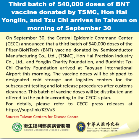 Third batch of 540,000 doses of BNT vaccine donated by TSMC, Hon Hai Yonglin, and Tzu Chi arrives in Taiwan on morning of September 30