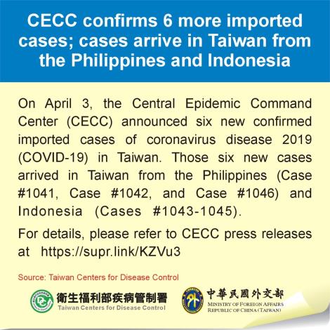 CECC confirms 6 more imported cases; cases arrive in Taiwan from the Philippines and Indonesia
