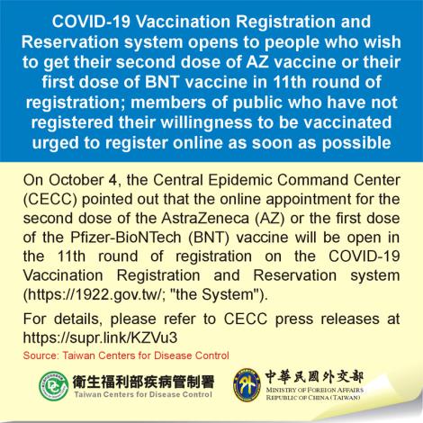 COVID-19 Vaccination Registration and Reservation system opens to people who wish to get their second dose of AZ vaccine or their first dose of BNT vaccine in 11th round
