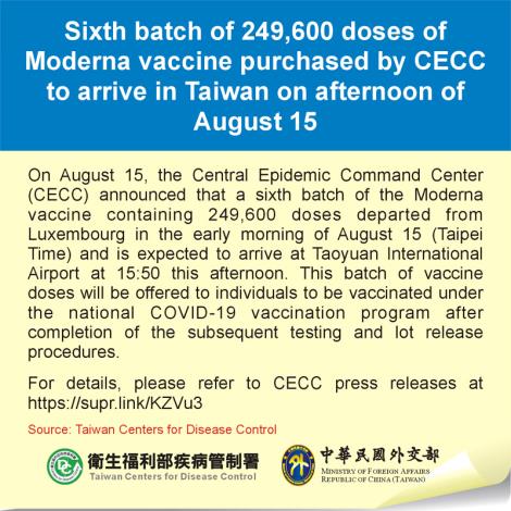 Sixth batch of 249,600 doses of Moderna vaccine purchased by CECC to arrive in Taiwan on afternoon of August 15