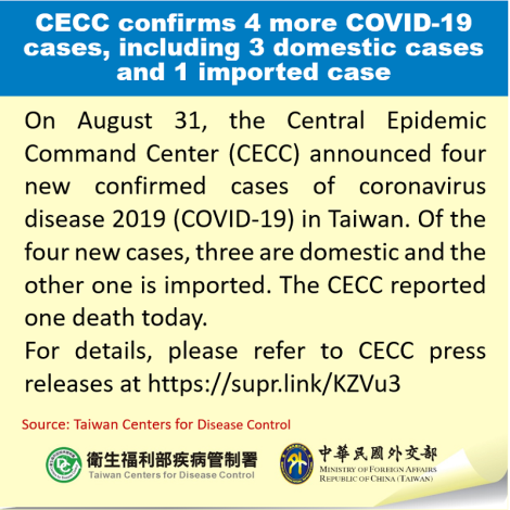 CECC confirms 4 more COVID-19 cases, including 3 domestic cases and 1 imported case