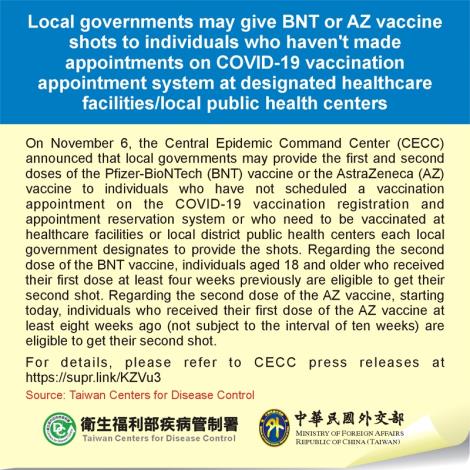 Local governments may give BNT or AZ vaccine shots to individuals who haven't made appointments on COVID-19 vaccination appointment system