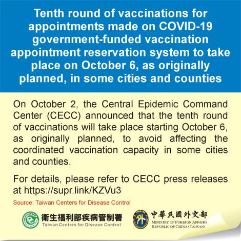 Tenth round of vaccinations for appointments made on COVID-19 government-funded vaccination appointment reservation system to take place on October 6, as originally planned, in some cities and counties