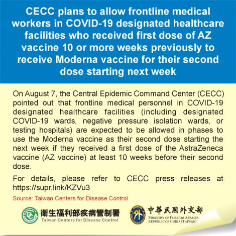 CECC plans to allow frontline medical workers in COVID-19 designated healthcare facilities who received first dose of AZ vaccine 10 or more weeks previously to receive Moderna vaccine for their second dose starting next week