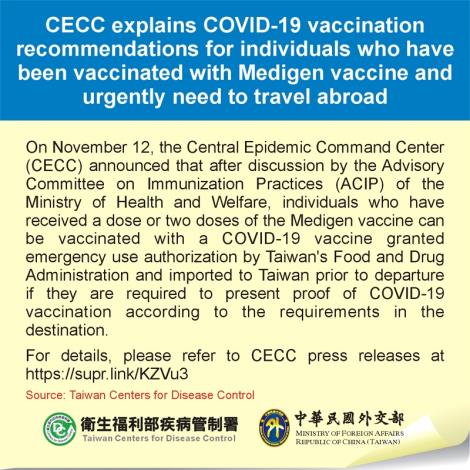 CECC explains COVID-19 vaccination recommendations for individuals who have been vaccinated with Medigen vaccine and urgently need to travel abroad