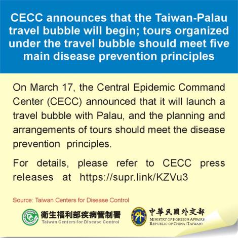 CECC announces that the Taiwan-Palau travel bubble will begin; tours organized under the travel bubble should meet five main disease prevention principles
