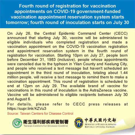 Fourth round of registration for vaccination appointments on COVID-19 government-funded vaccination appointment reservation system starts tomorrow; fourth round of inoculation starts on July 30