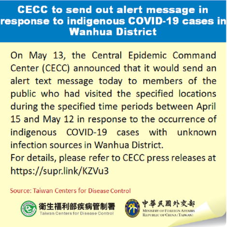 CECC to send out alert message in response to indigenous COVID-19 cases in Wanhua District