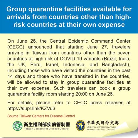 Group quarantine facilities available for arrivals from countries other than high-risk countries at their own expense