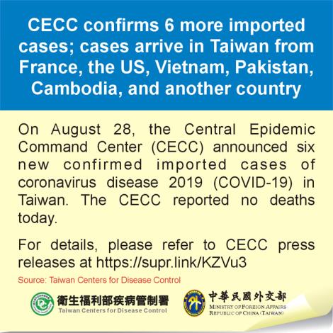 CECC confirms 6 more imported cases; cases arrive in Taiwan from France, the US, Vietnam, Pakistan, Cambodia, and another country