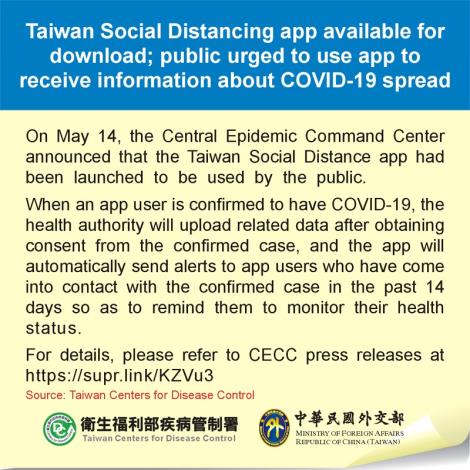 Taiwan Social Distancing app available for download; public urged to use app to receive information about COVID-19 spread