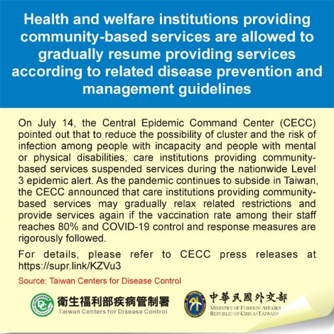 Health and welfare institutions providing community-based services are allowed to gradually resume providing services according to related disease prevention and management guidelines
