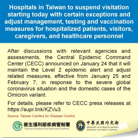 Hospitals in Taiwan to suspend visitation starting today with certain exceptions and adjust management, testing and vaccination