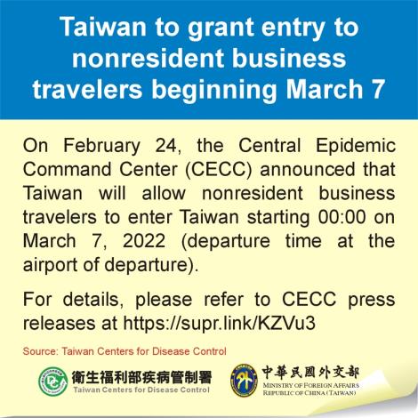 Taiwan to grant entry to nonresident business travelers beginning March 7