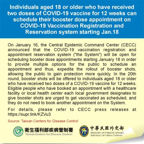 Individuals aged 18 or older who have received two doses of COVID-19 vaccine for 12 weeks can schedule their booster dose appointment on COVID-19 Vaccination Registration