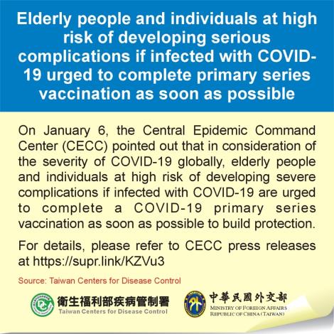 Elderly people and individuals at high risk of developing serious complications if infected with COVID-19 urged to complete primary series vaccination as soon as possible