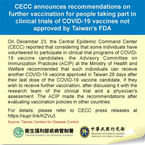CECC announces recommendations on further vaccination for people taking part in clinical trials of COVID-19 vaccines not approved by Taiwan's FDA