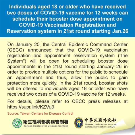 Individuals aged 18 or older who have received two doses of COVID-19 vaccine for 12 weeks can schedule their booster dose appointment on COVID-19 Vaccination