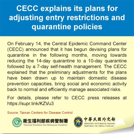 CECC explains its plans for adjusting entry restrictions and quarantine policies