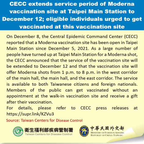 CECC extends service period of Moderna vaccination site at Taipei Main Station to December 12
