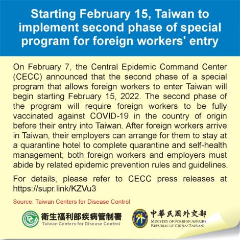 Starting February 15, Taiwan to implement second phase of special program for foreign workers' entry