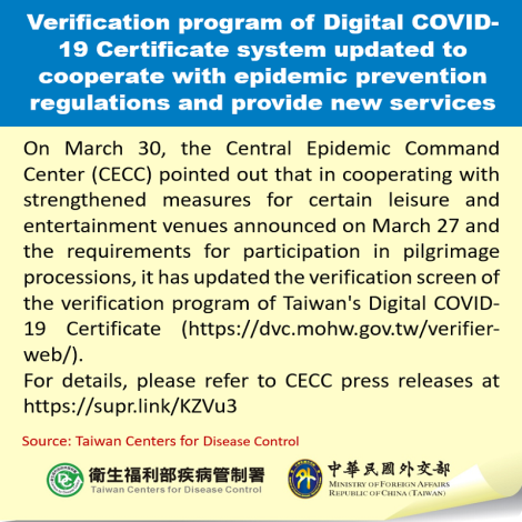 Verification program of Digital COVID-19 Certificate system updated to cooperate with epidemic prevention regulations and provide new services
