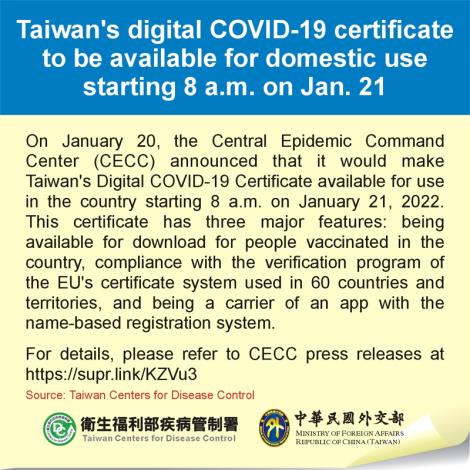 Taiwan's digital COVID-19 certificate to be available for domestic use starting 8 a.m. on Jan. 21