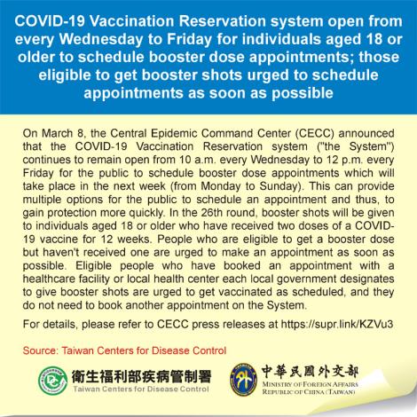 COVID-19 Vaccination Reservation system open from every Wednesday to Friday for individuals aged 18 or older to schedule booster dose appointments