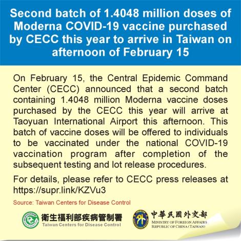 Second batch of 1.4048 million doses of Moderna COVID-19 vaccine purchased by CECC this year to arrive in Taiwan on afternoon of February 15