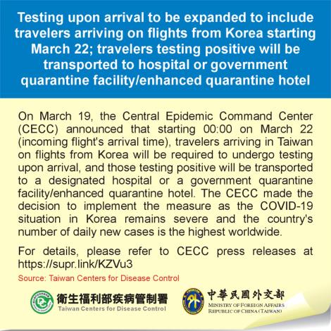 Testing upon arrival to be expanded to include travelers arriving on flights from Korea starting March 22
