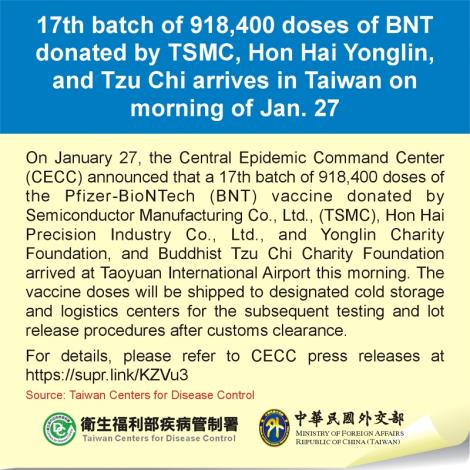17th batch of 918,400 doses of BNT donated by TSMC, Hon Hai Yonglin, and Tzu Chi arrives in Taiwan on morning of Jan. 27