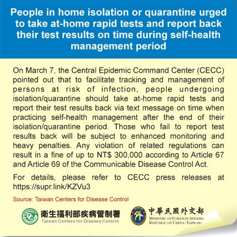 People in home isolation or quarantine urged to take at-home rapid tests and report back their test results on time during self-health management period