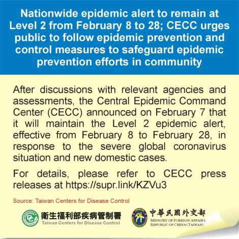 Nationwide epidemic alert to remain at Level 2 from February 8 to 28