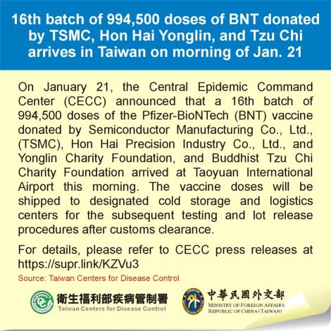 16th batch of 994,500 doses of BNT donated by TSMC, Hon Hai Yonglin, and Tzu Chi arrives in Taiwan on morning of Jan. 21