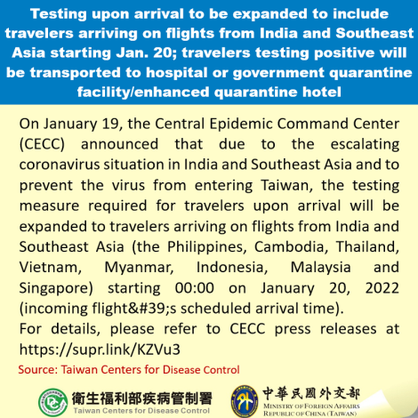 Testing upon arrival to be expanded to include travelers arriving on flights from India and Southeast Asia starting Jan