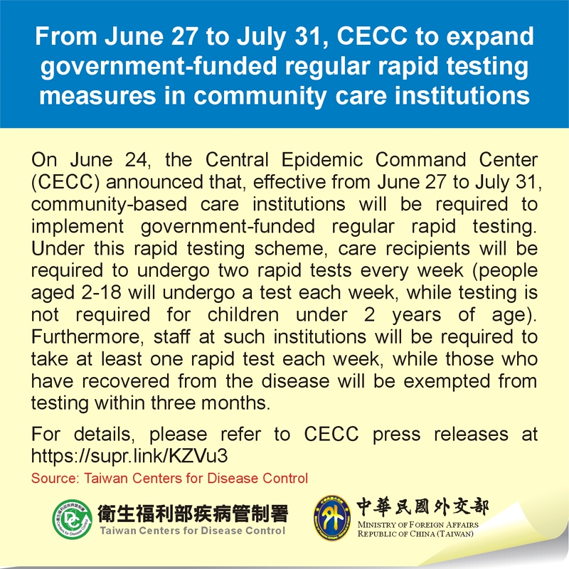 From June 27 to July 31, CECC to expand government-funded regular rapid testing measures in community care institutions