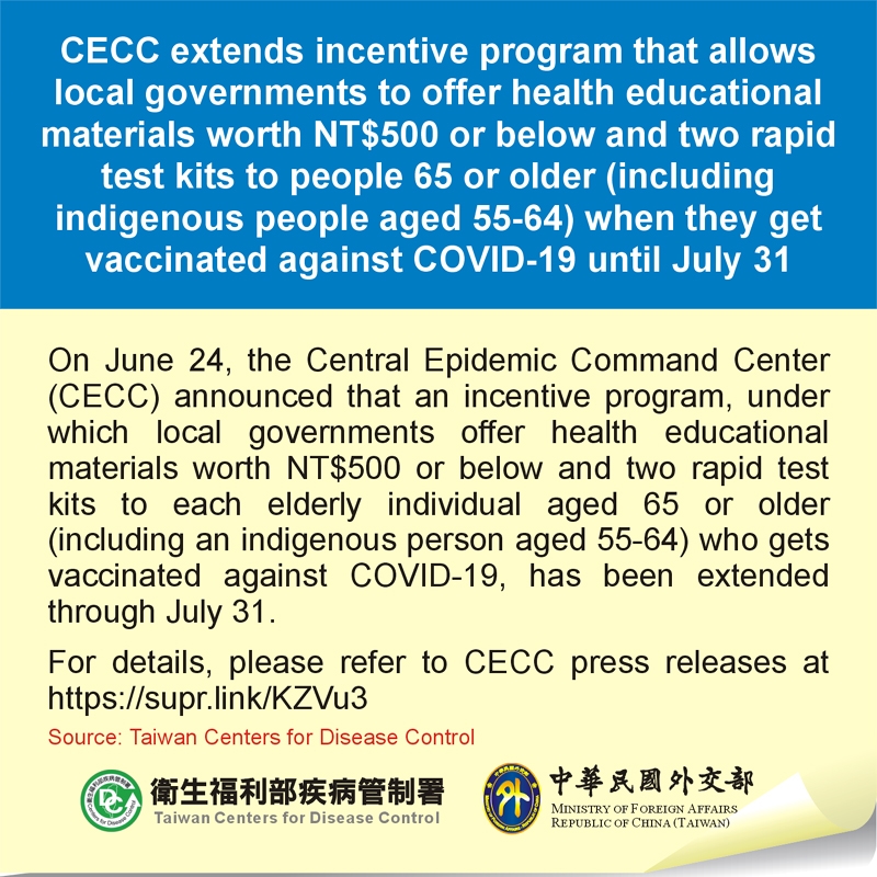 CECC extends incentive program that allows local governments to offer health educational materials worth NT500 or below and two rapid test kits to people 65 or older (including indigenous people aged 55-64) when they get vaccinated agains
