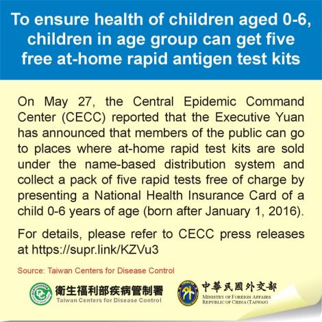 To ensure health of children aged 0-6, children in age group can get five free at-home rapid antigen test kits