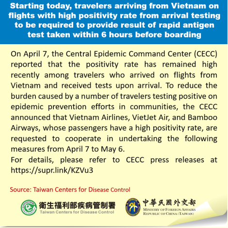 Starting today, travelers arriving from Vietnam on flights with high positivity rate from arrival testing to be required to provide result of rapid antigen test taken within 6 hours before boardi