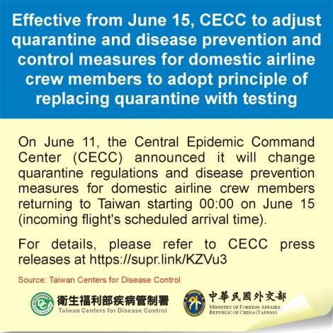 Effective from June 15, CECC to adjust quarantine and disease prevention and control measures for domestic airline crew members to adopt principle of replacing quarantine with testin